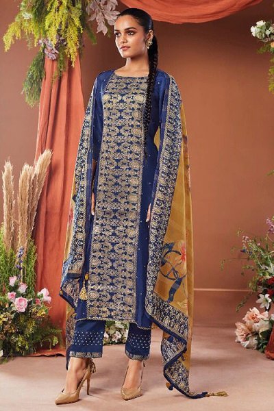 Suit in Navy Blue Silk Jacquard with Embroidery